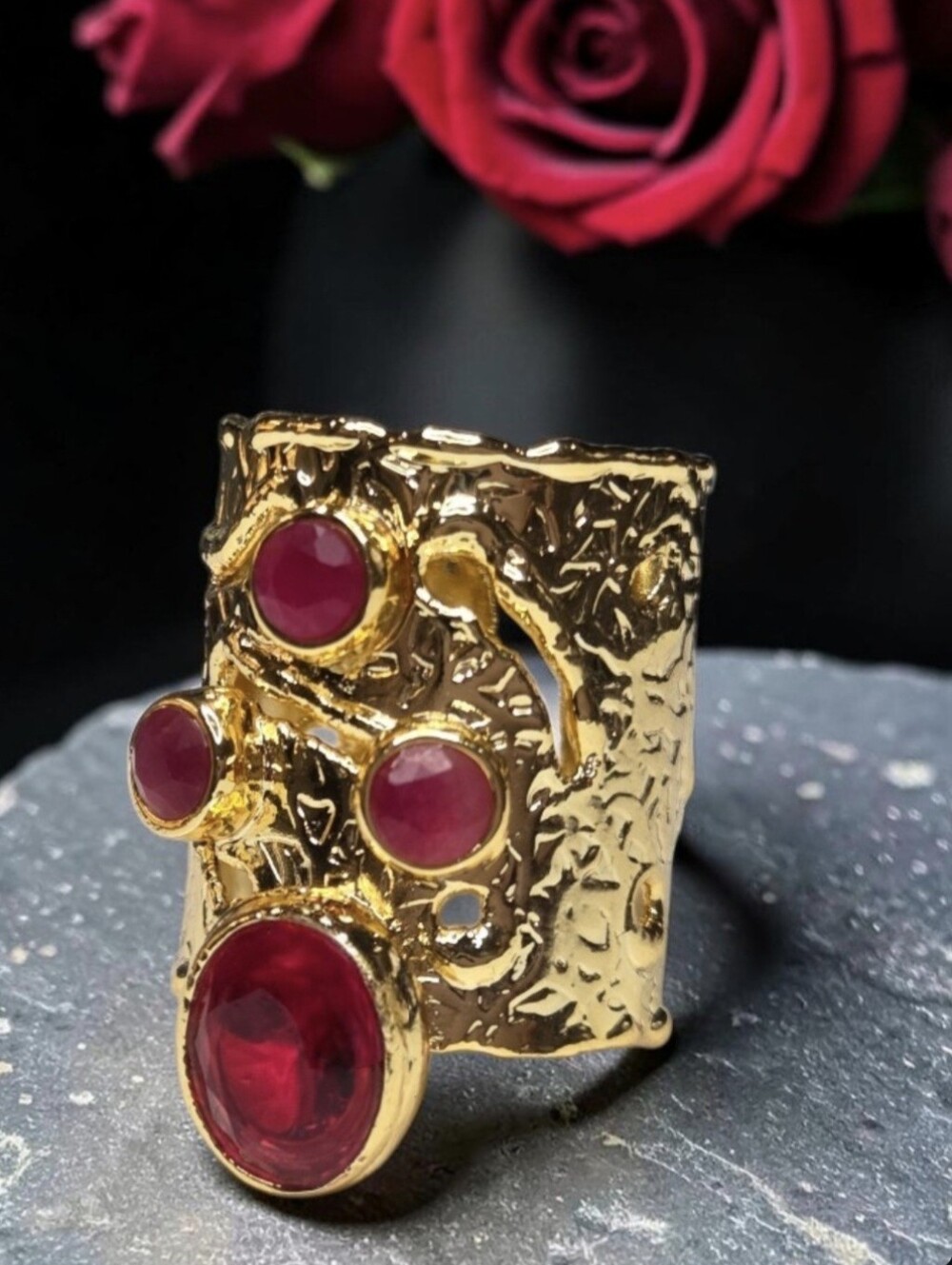 18k Gold Plated Custom Molten Wide Band Ruby Crystal Bold Statement Ring
